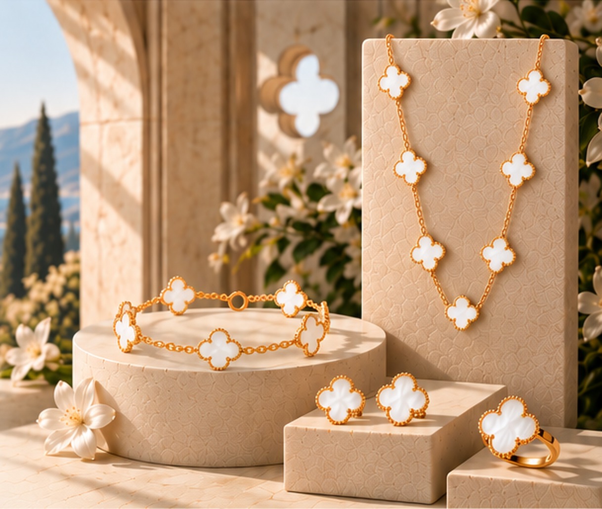 Pack complet Van Cleef : collier, bracelet, boucles d’oreilles et bague